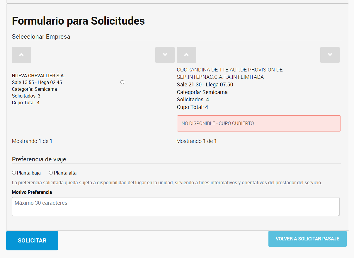 Formulario donde ofrece un solo pasaje de Nueva Chevallier. Hay un micro de CATA, pero no tiene cupo.